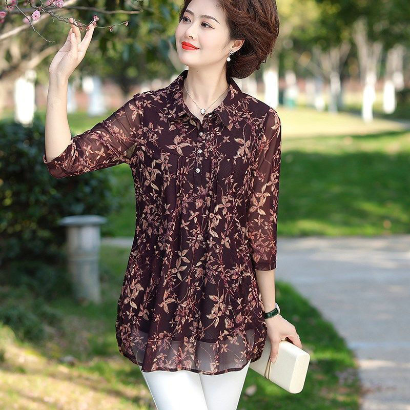 2021 Autumn/spring Fashion Women silk Blouses short Sleeve v-neck Casual Women Clothing floral chiffon Women Tops alx