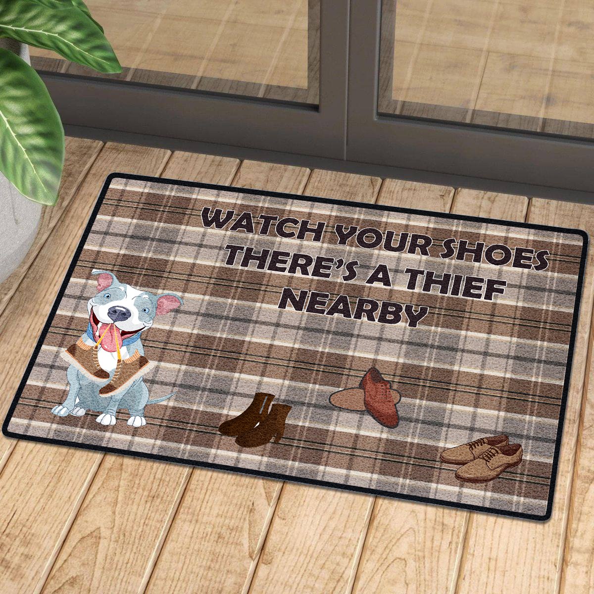 Watch Out Your Shoes Grey Pitbull Doormat | Colorful | Size 8X27” 24X36”