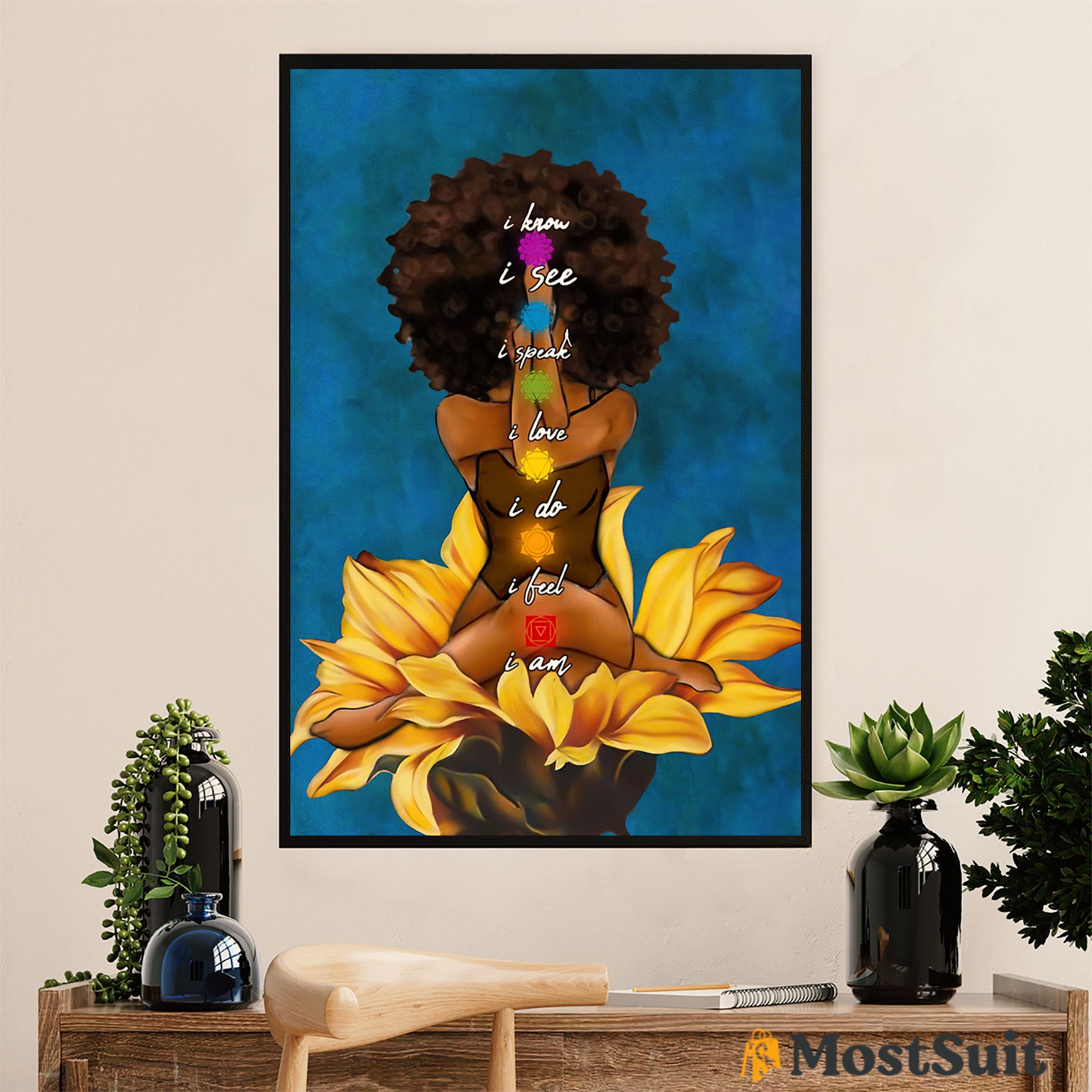 African American Afro Poster | Gift For Black Girl | Juneteenth Day Room Wall Art – Black Woman Yoga Flower