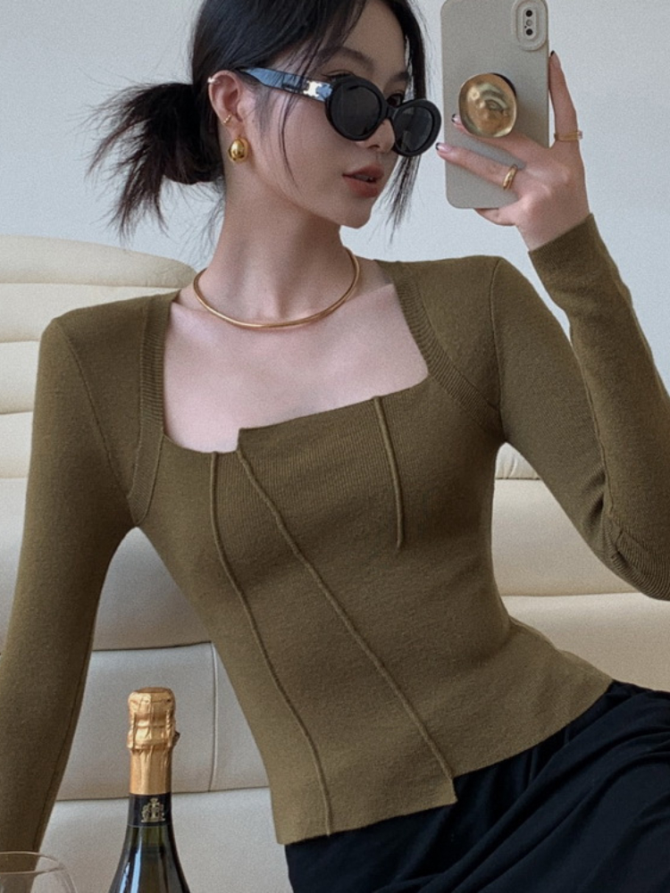 Crop Designed Pullovers Women Long Sleeves Slim Sexy All-match Irregular Vintage Square Collar Elegant Ladies French Style Chic alx