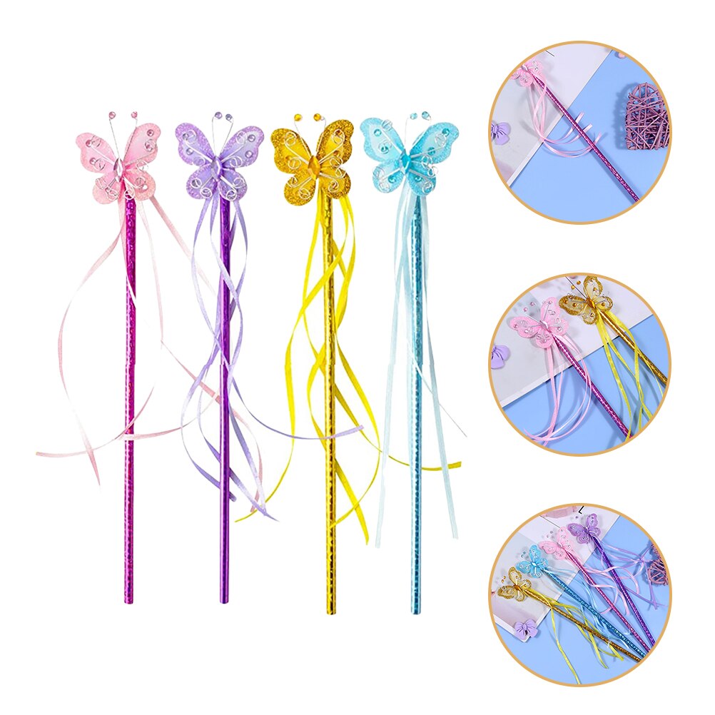 Wand Fairywandsprincess Butterflies Kids Stick Star Godmother Girls Dresses Glitter Belle Gold Handheld Ribbon Decorative Girl alx