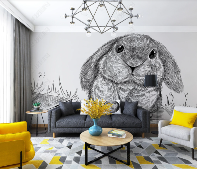 3D Hand Drawn Animal Rabbit Grass Grey Wall Mural Wallpaper Lll 2735