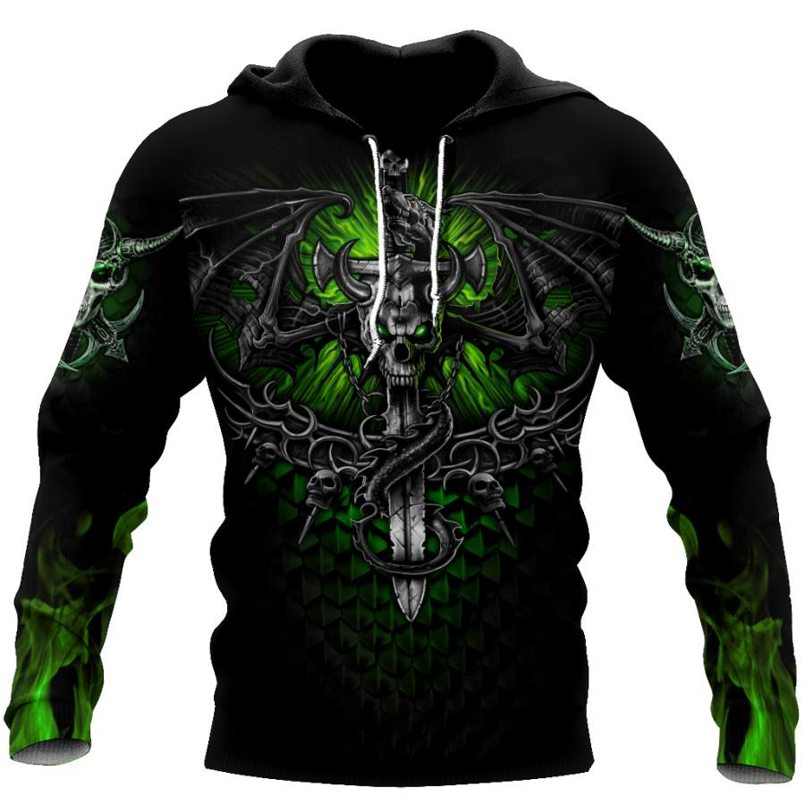 All Over Printed Fantasy Bat Skull And Sword Hoodie For Men And Women MEI