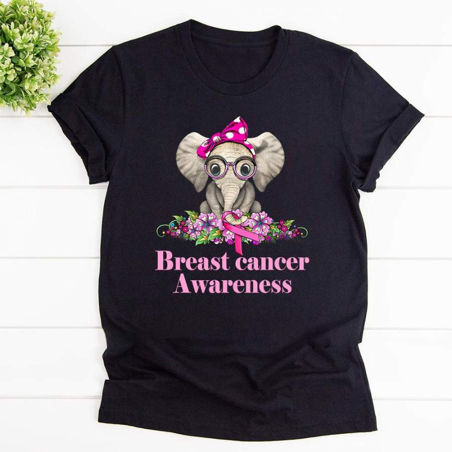 Breast cancer awareness elephant flower pink black cotton t shirt for men and women S-6XL