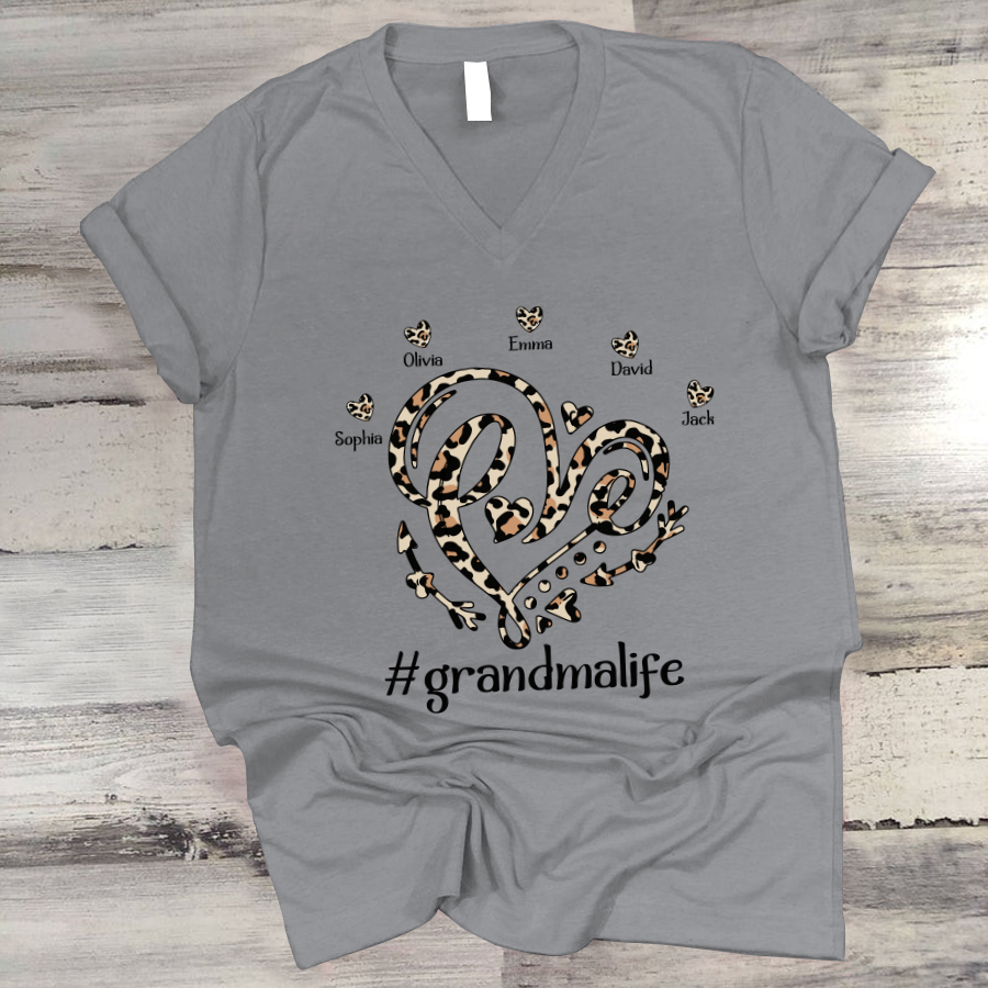 Leopard Heart Custom Names Grandma Life V-Neck