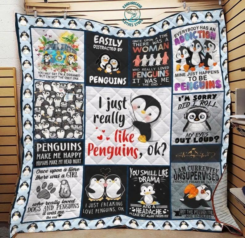 Penguins Quilt Blanket, I Just Really Like Penguins Quilt Blanket, Penguins Make Me Happy Quilt Blanket. Lovely Animal Quilt Blanket Decor