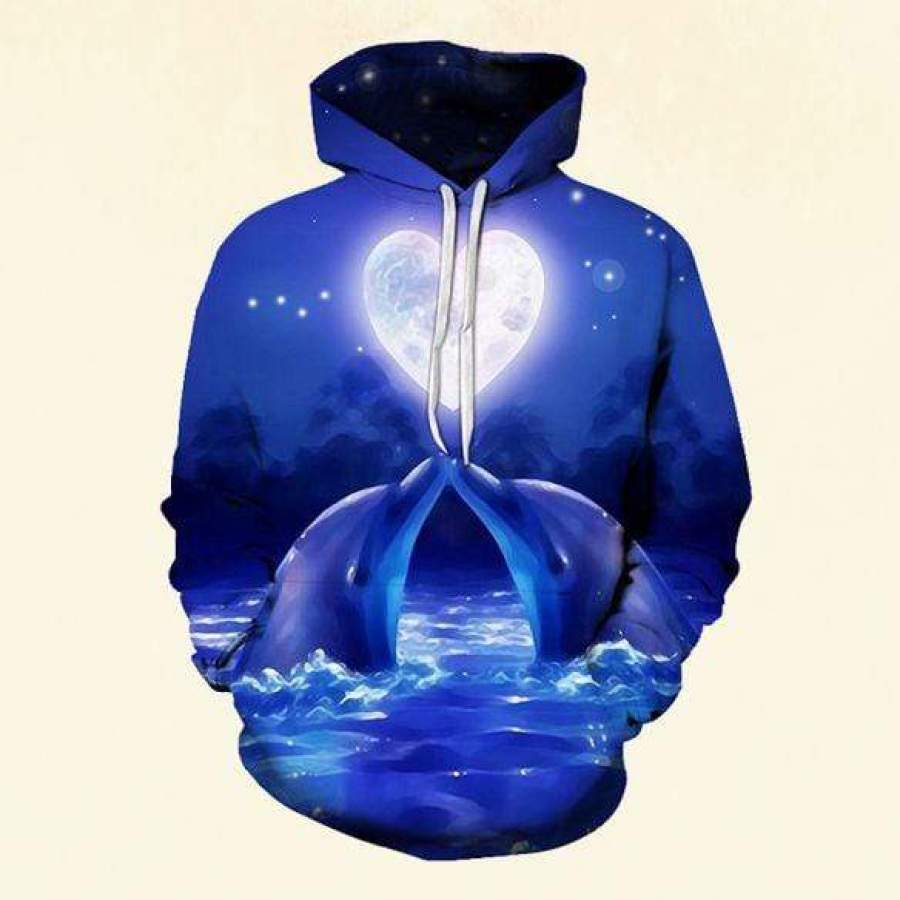 Couple Dolphin love under The Moon light Hoodie 3D All over print