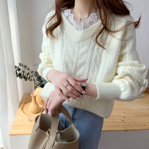 Woman Sweaters Loose Sweater Women’s Autumn Winter Lace Patchwork Knitting Thick Top Femme Chandails Pull Hiver alx