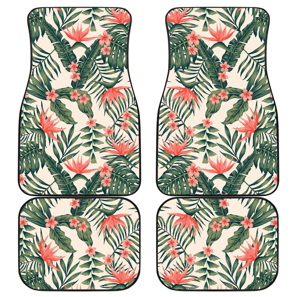 Blossom Tropical Leaves Pattern Print Front And Back Car Floor Mats, Front Car Mat