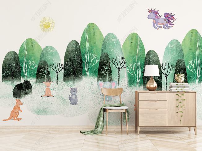 3D Watercolor Green Forest Animal Wall Mural Wallpaper Lqh 225