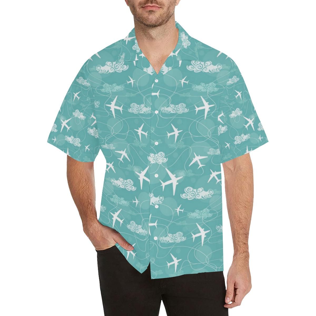 Airplane Cloud Pattern Green Background All Over Print Hawaii Shirt Ha109330