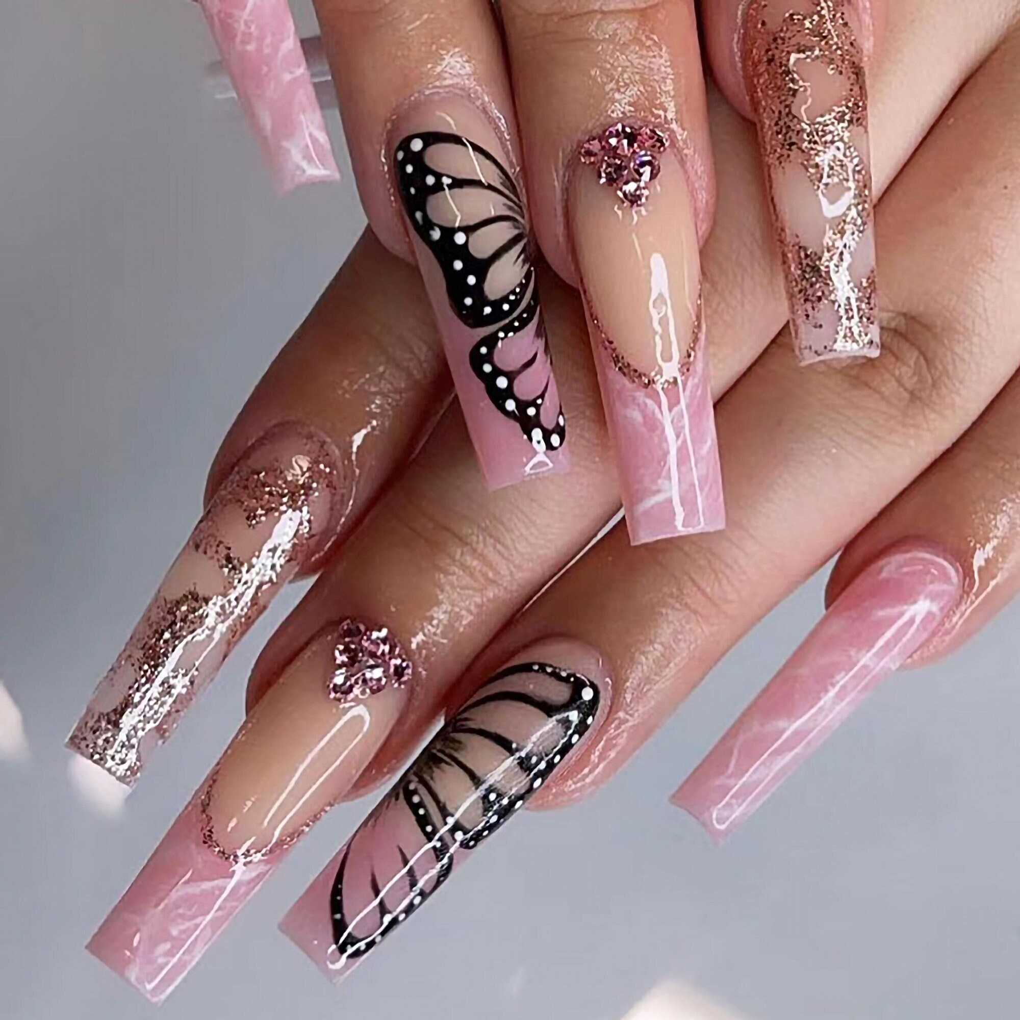 Valentine Pink Butterfly Press On Nails| Coffin Press On Nail| Long Nail| Nail Press On Short| Glue On Nail| Fake Nail|