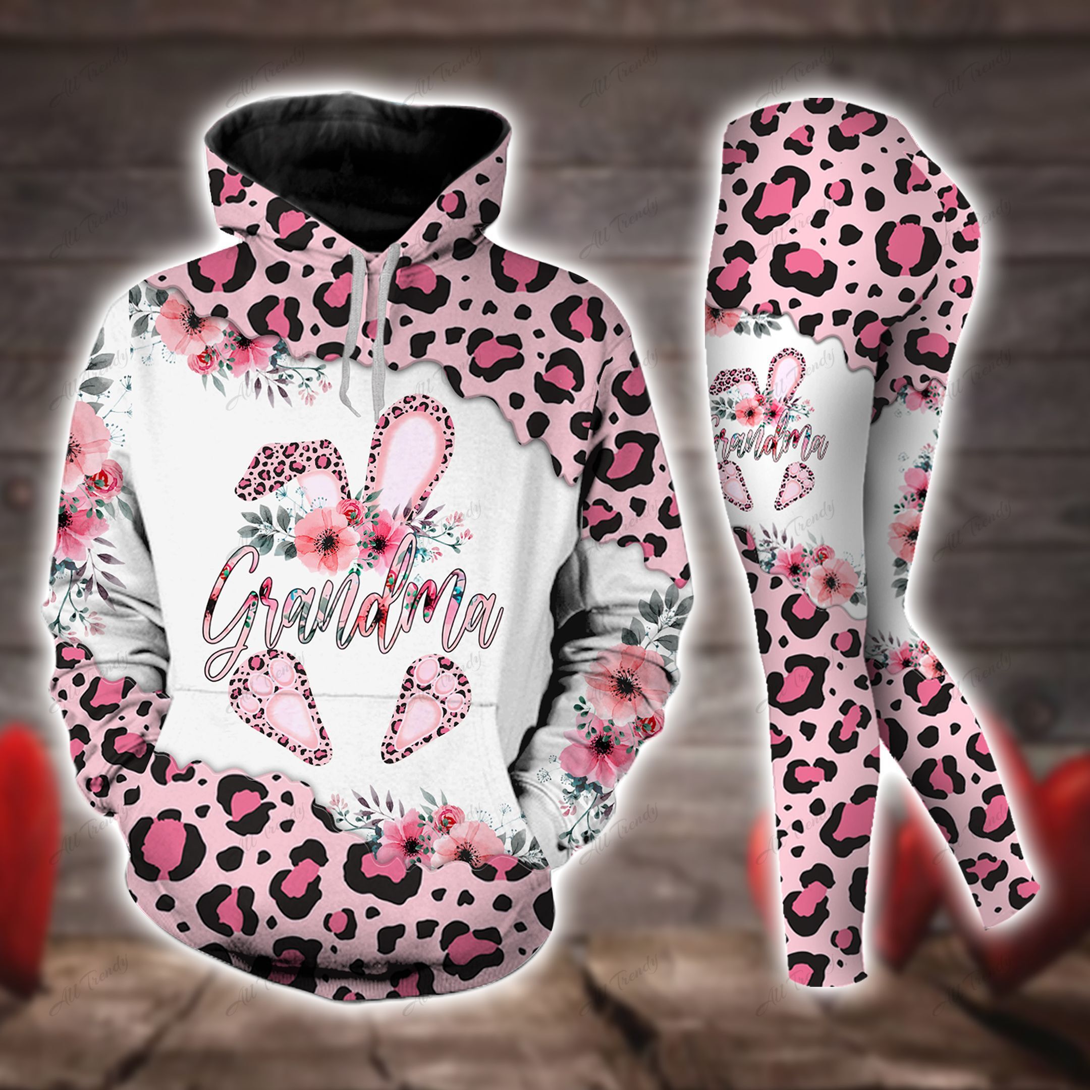 Pink Grandma Bunny Easter Leopard Hoodie Set