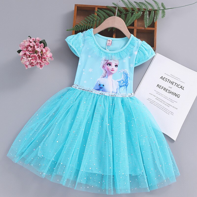 Baby Girls Anna Elsa Cartoon Print Dress Children Summer Short Sleeve Sequined Mesh Clothing Kids Fancy Frozen Princess Dresses alx