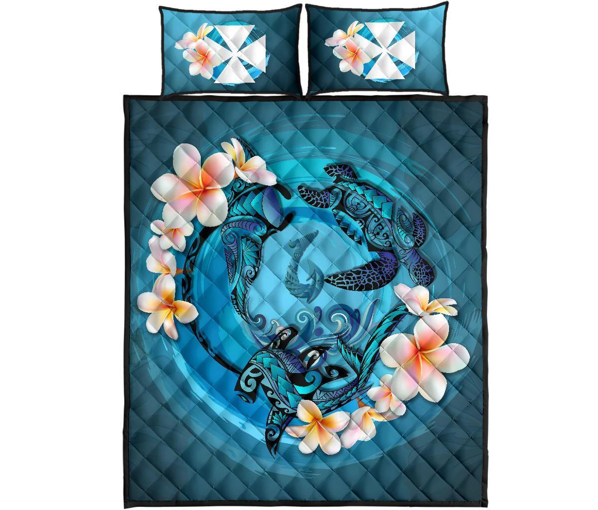 Wallis and Futuna Polynesian Quilt Bed Set – Blue Plumeria Animal Tattoo A24