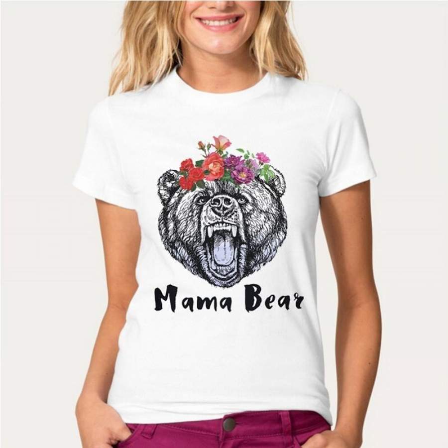 New Arrivals 2018 Fashion Flowers Mama Bear Printed T-Shirt Summer Women/Ladies Harajuku Animal Short Sleeve Tops Tee