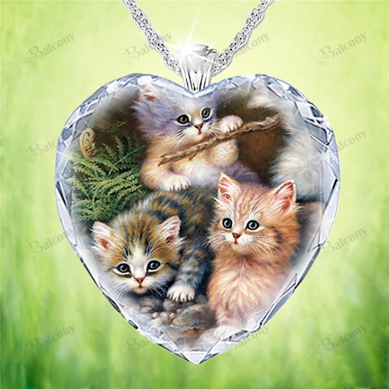 Three Kittens Heart-Shaped Crystal Necklace