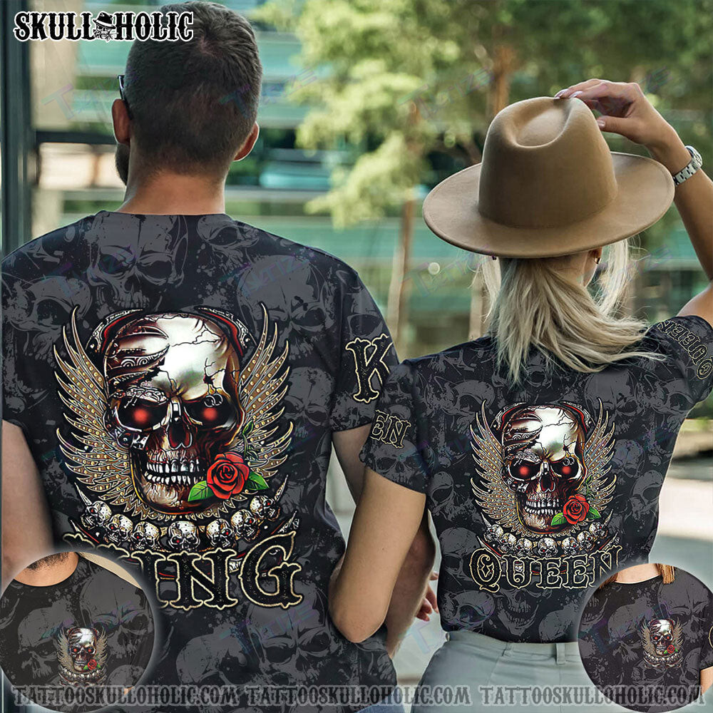 Matching Couple Shirt Skull Wings Rose Couple 3D All Over Printed Shirt, Sweatshirt, Hoodie, Bomber Jacket Size S – 5Xl