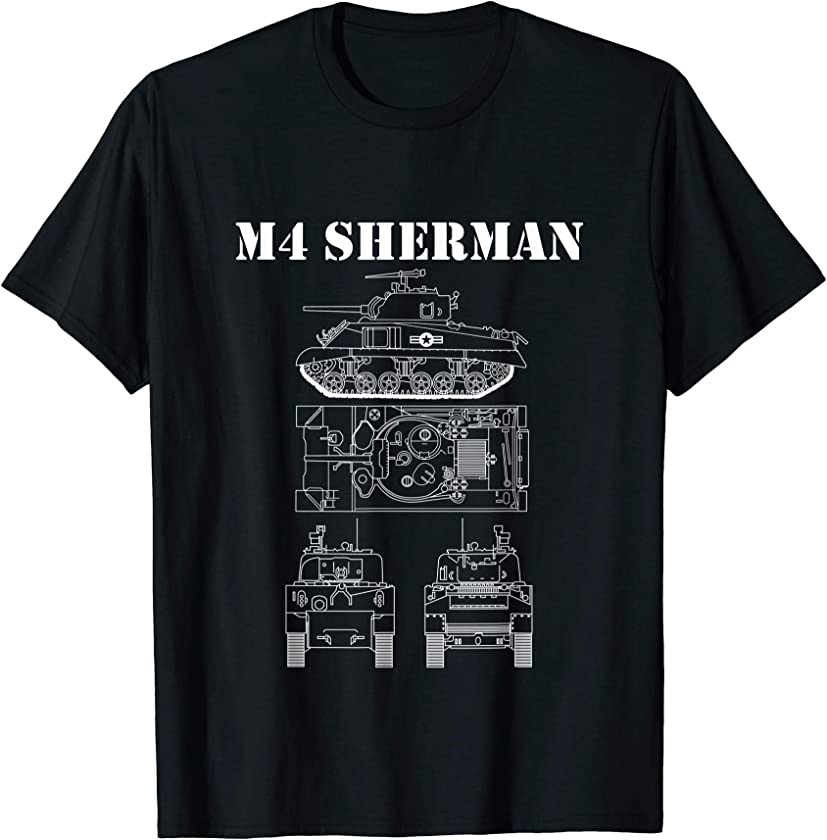 Vintage WW2 M4 Sherman Tank Schematic All Views White Armor T-Shirt