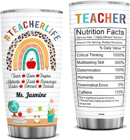 Personalized Tumbler For Teacher Boho Leopard Rainbow Nutrition Facts Custom Name Back To School Gifts 20Oz Travel Cup