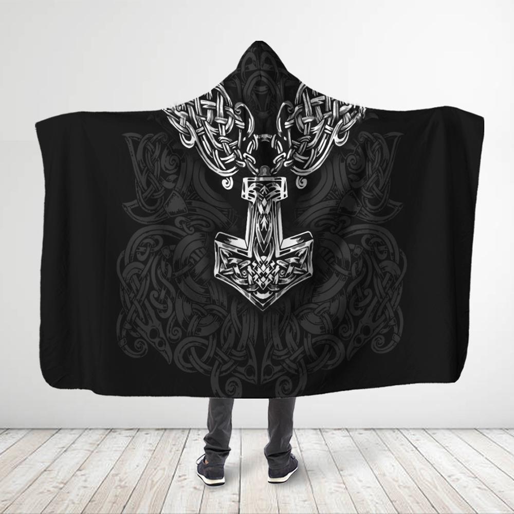 ViticStore™ 3D All Over Printed Viking Silver Hammer – Black Hooded Blanket