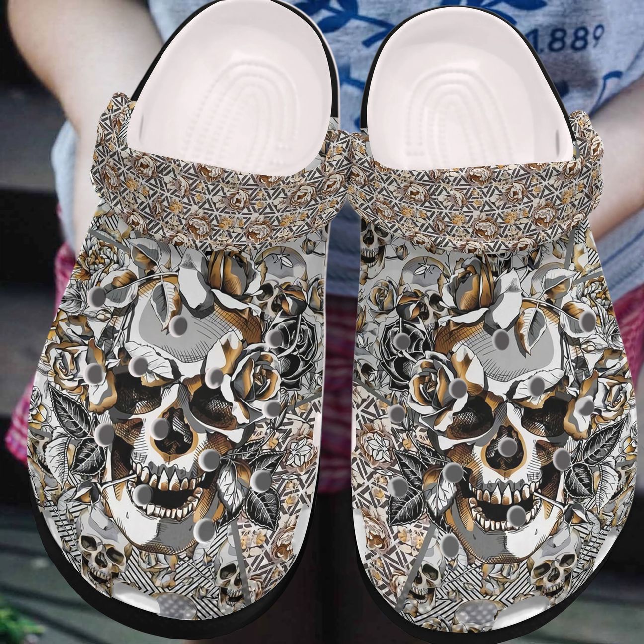 Skull Personalized Clog, Custom Name, Text, Color, Number Fashion Style For Women, Men, Kid, Print 3D Skull And Flowers