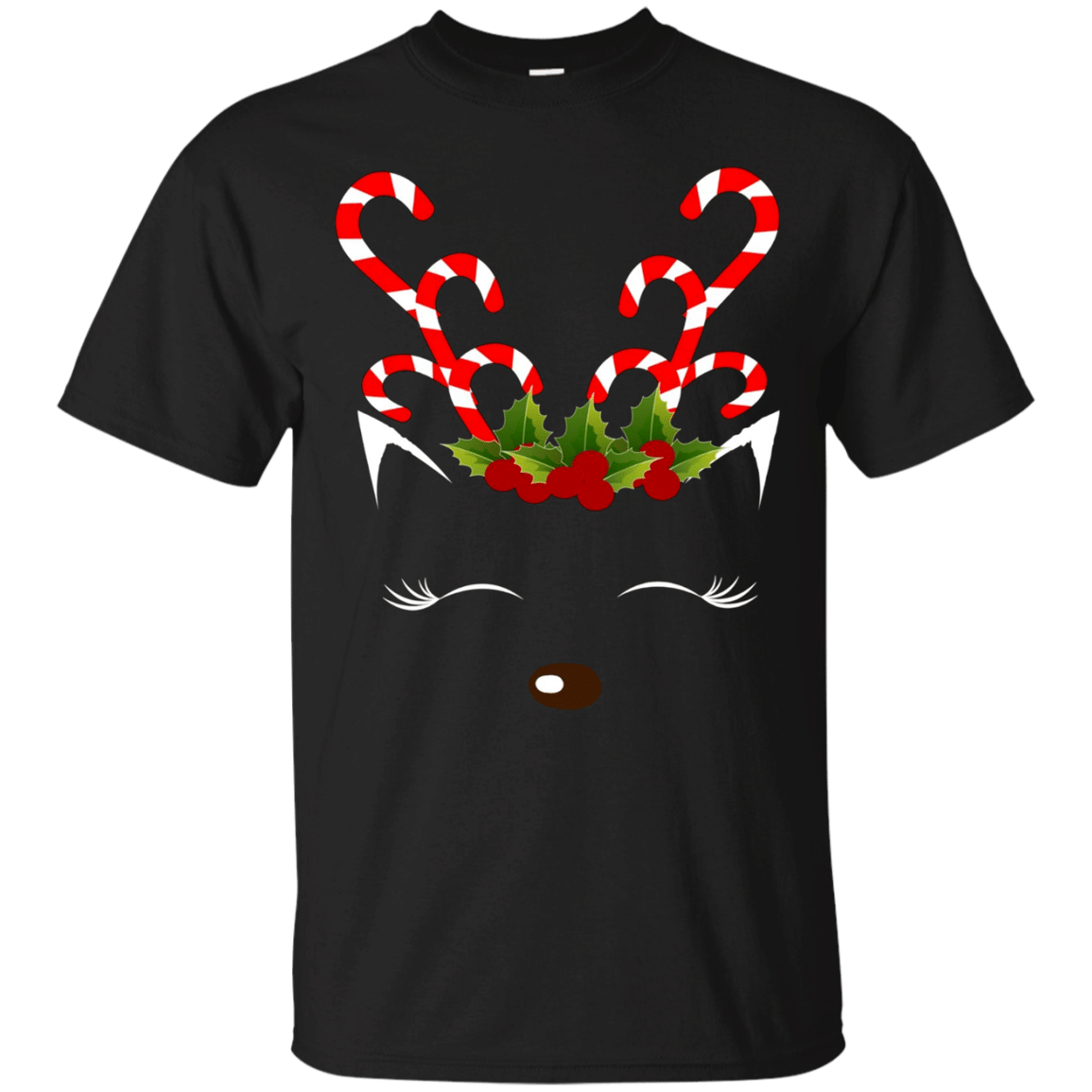 Christmas Candy Cane Reindeer Face Funny T Shirt