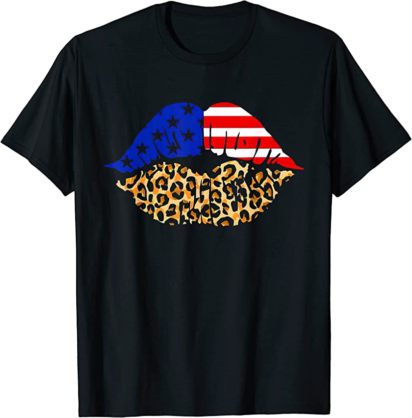 4th of July Lips American Flag Leopard Patriotic USA Day T-Shirt