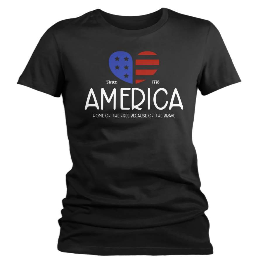 Women’s Vintage America T-Shirt Heart Flag Patriotic Shirts 4th July T-Shirt Shirt Flag Home Of Free Because Of Brave Tee