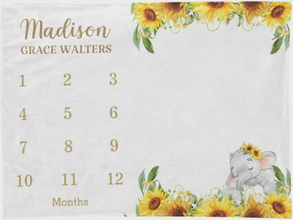 Personalized Sunflower Elephant Monthly Milestone Blanket, Newborn Blanket, Baby Shower Gift Watch Me Grow Monthly