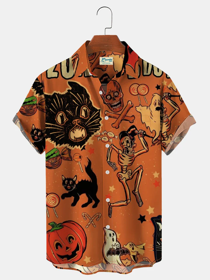 Vintage Halloween Casual Shirts Black Cat Pumpkin Hawaii Shirt Ha53342