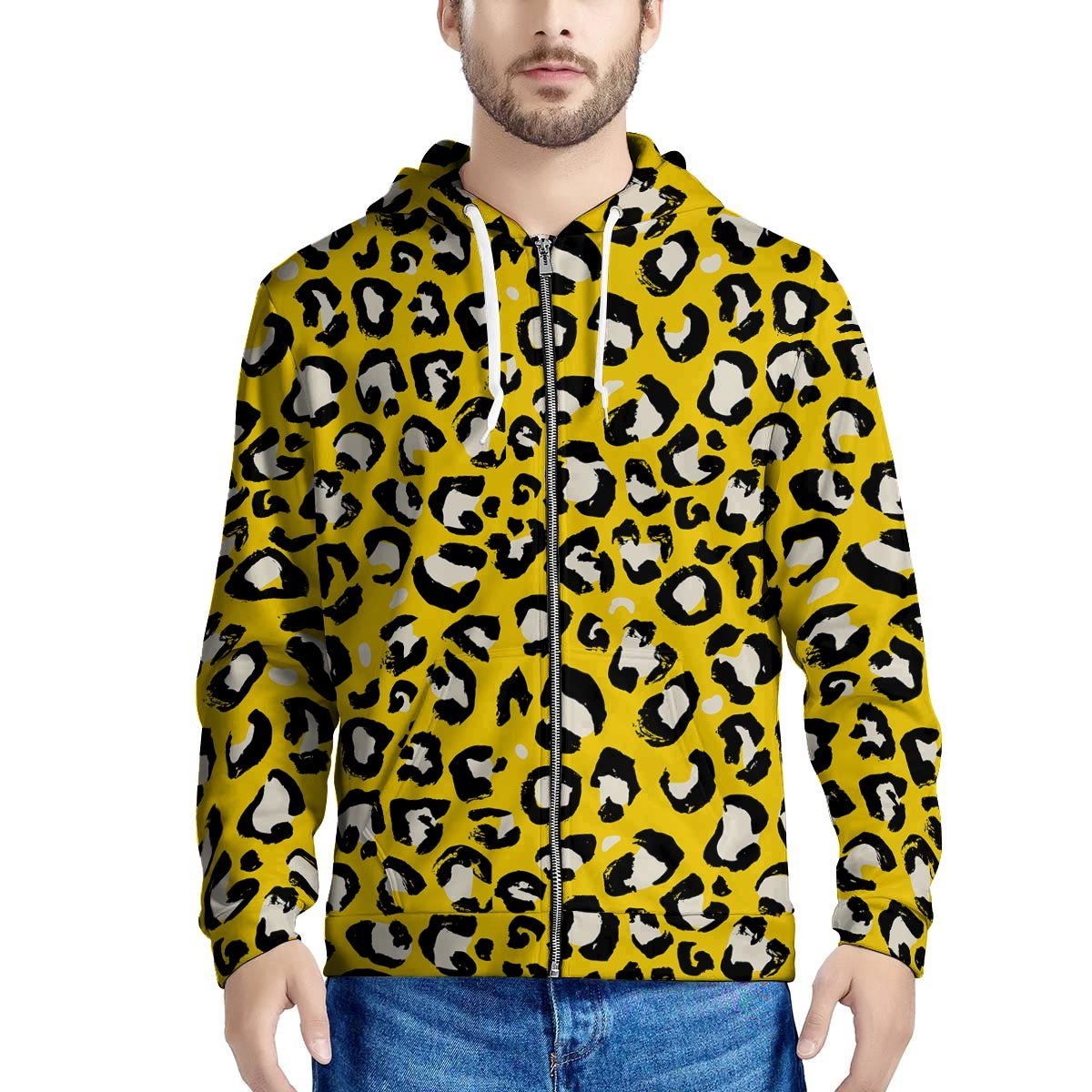 Yellow Leopard Men’S Zip Up Hoodie