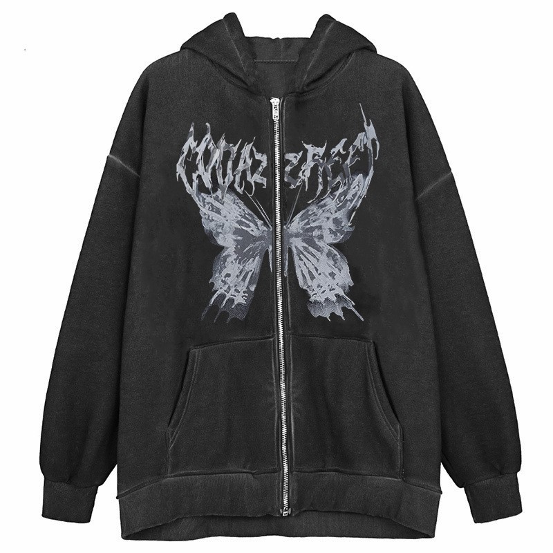 Y2k Clothes Women Oversized Hooded Sweatshirts Fashion Harajuku Korean Gothic Zip Up Hoodie Butterfly Printed Black Ladies Coat alx