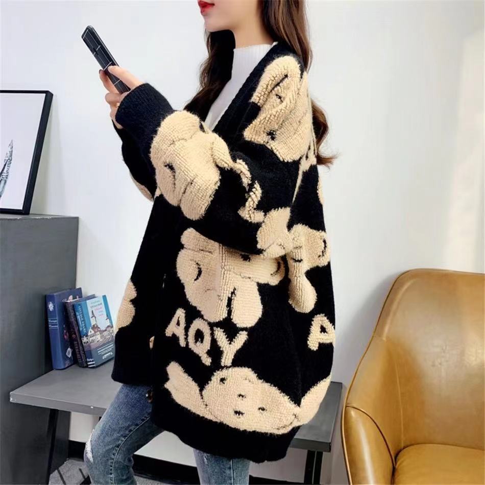 Autumn Women’s Sweater Cardigan Bear Letter Pattern Cute Loose Knitted Coat Button Down Long Sleeve V Neck Ladies Cardigan alx