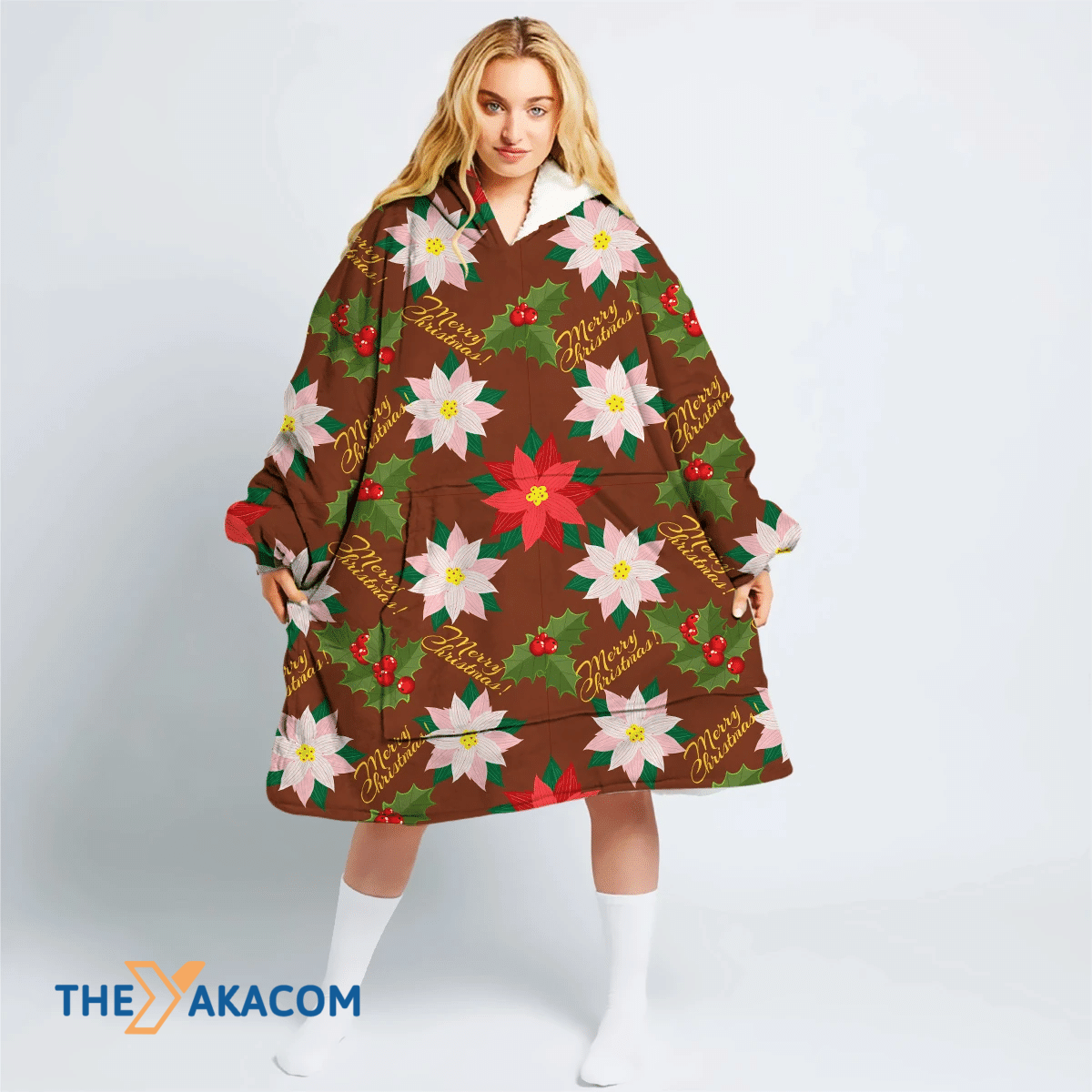 Christmas Poinsettia And Holly Leaves And Red Mistletoe Berries Hoodie Blanket