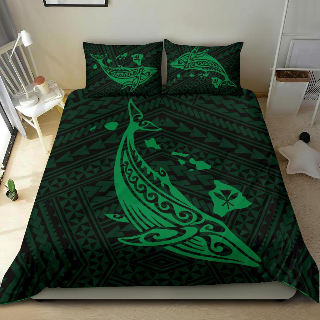 Alohawaii Bedding Set – Cover And Pillow Cases Hawaiian Map Whale Polynesian – Green – Ah J9