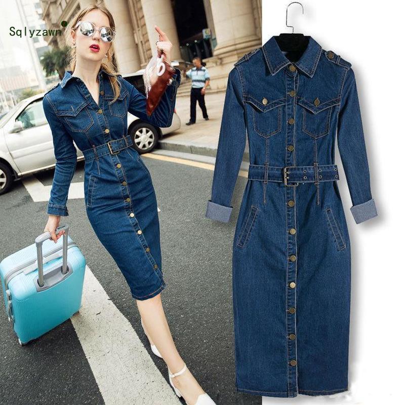 2020 Women Denim Lapel Dress Winter Office 4XL Jeans Mid-Cuff Dress Cowboy Dress With Belt Sarafan Women Jeans Dress Plus size alx