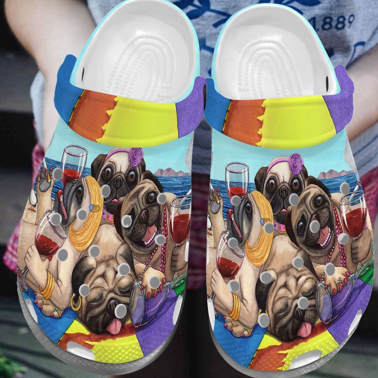 Pug Beach Day Personalize Clog, Custom Name, Text, Fashion Style For Women, Men, Kid, Print 3D