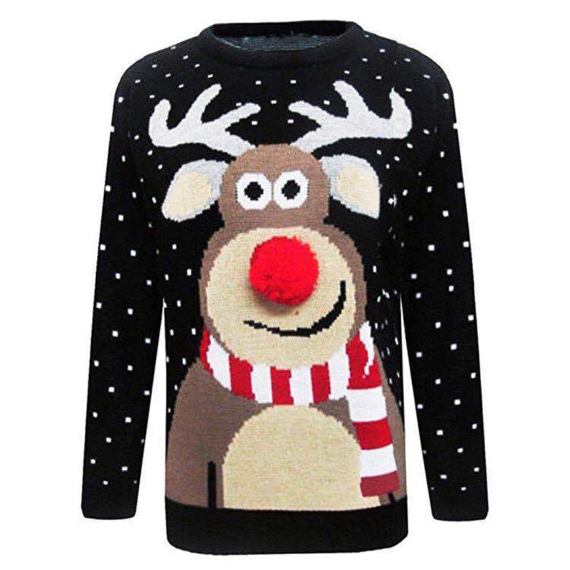 Women Winter Christmas Long Sleeve Sweater Cute Reindeer Print 3D Nose Pom Pom Pullover Tops O-Neck Loose Holiday Jumper alx