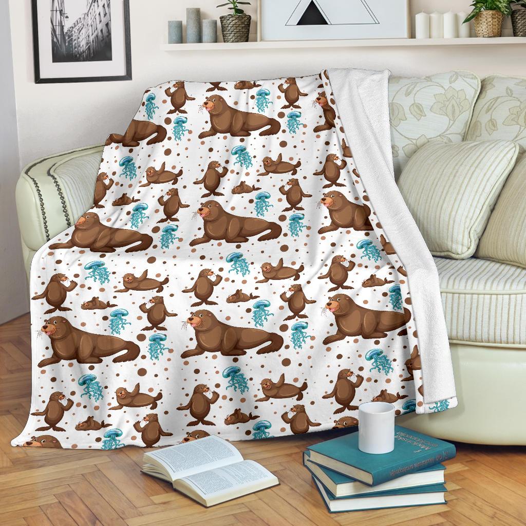 Sea Lion Seals Jellyfish Pattern Premium Blanket