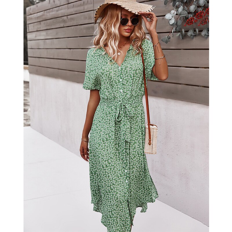 2022 Summer Elegant Fashion Printed Chiffon Dresses Women Korean Style Midi Dress Aesthetic Temperament Sleeveless A-line Skirt alx