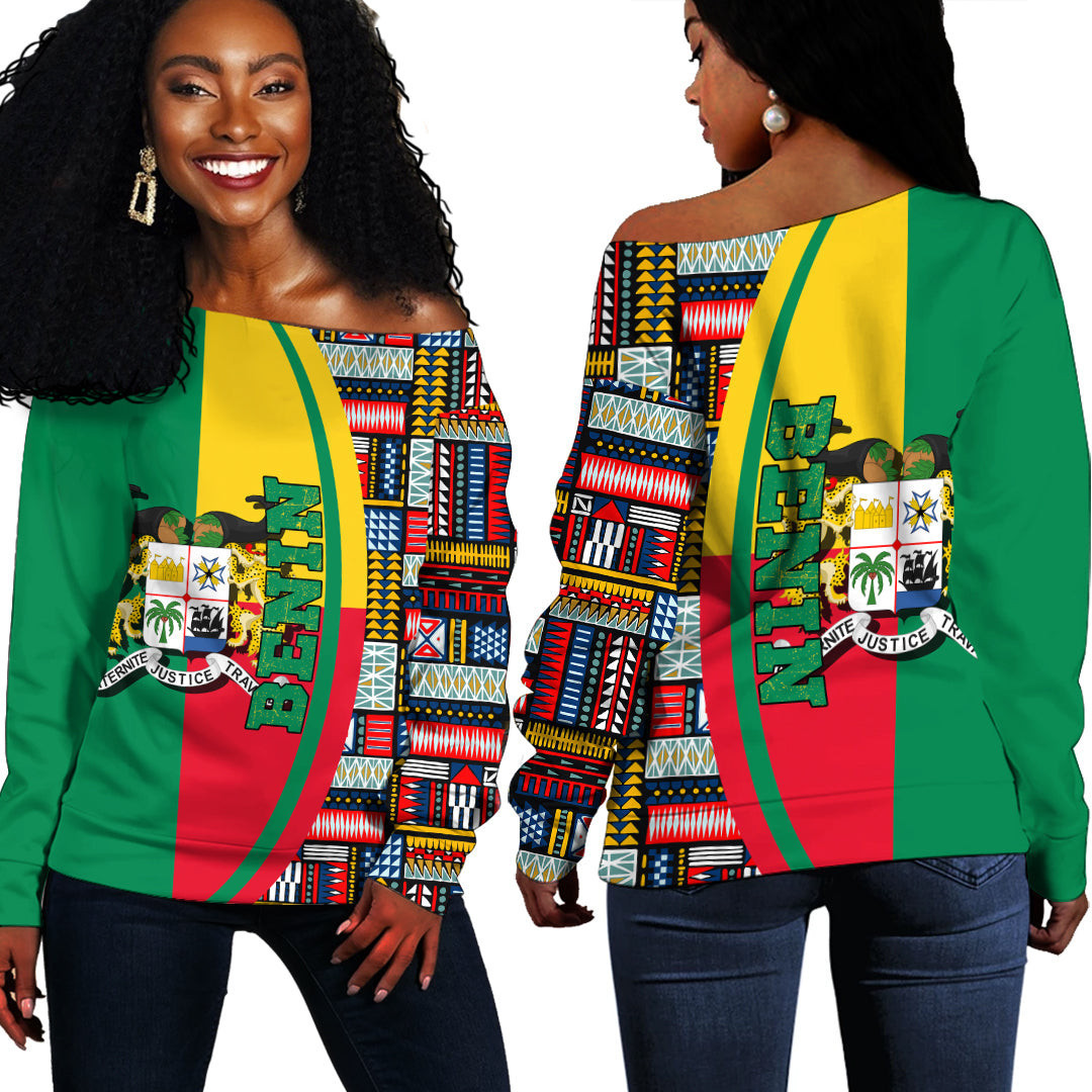 Africazone Clothing – Benin Flag And Kente Pattern Special Women’S Off Shoulder Sweaters A35