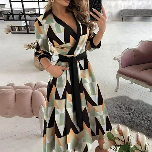 2022 Spring And Autumn New Women’s Fashion Elegant Party Dress Fashion Sexy V-Neck Long-Sleeved Belt Slim Temperament Mid-Length alx