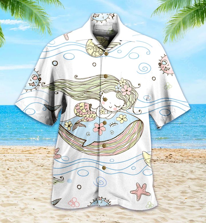 Cute Little Mermaid Sleeping On A Whale White Hawaiian Shirt 3D Summer Gifts