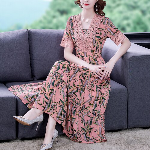 Boho Pink Floral Chiffon Lace Beach Maxi Dress Summer Vintage Vacation Dress 2022 Women Elegant Bodycon Party Evening Vestidos alx