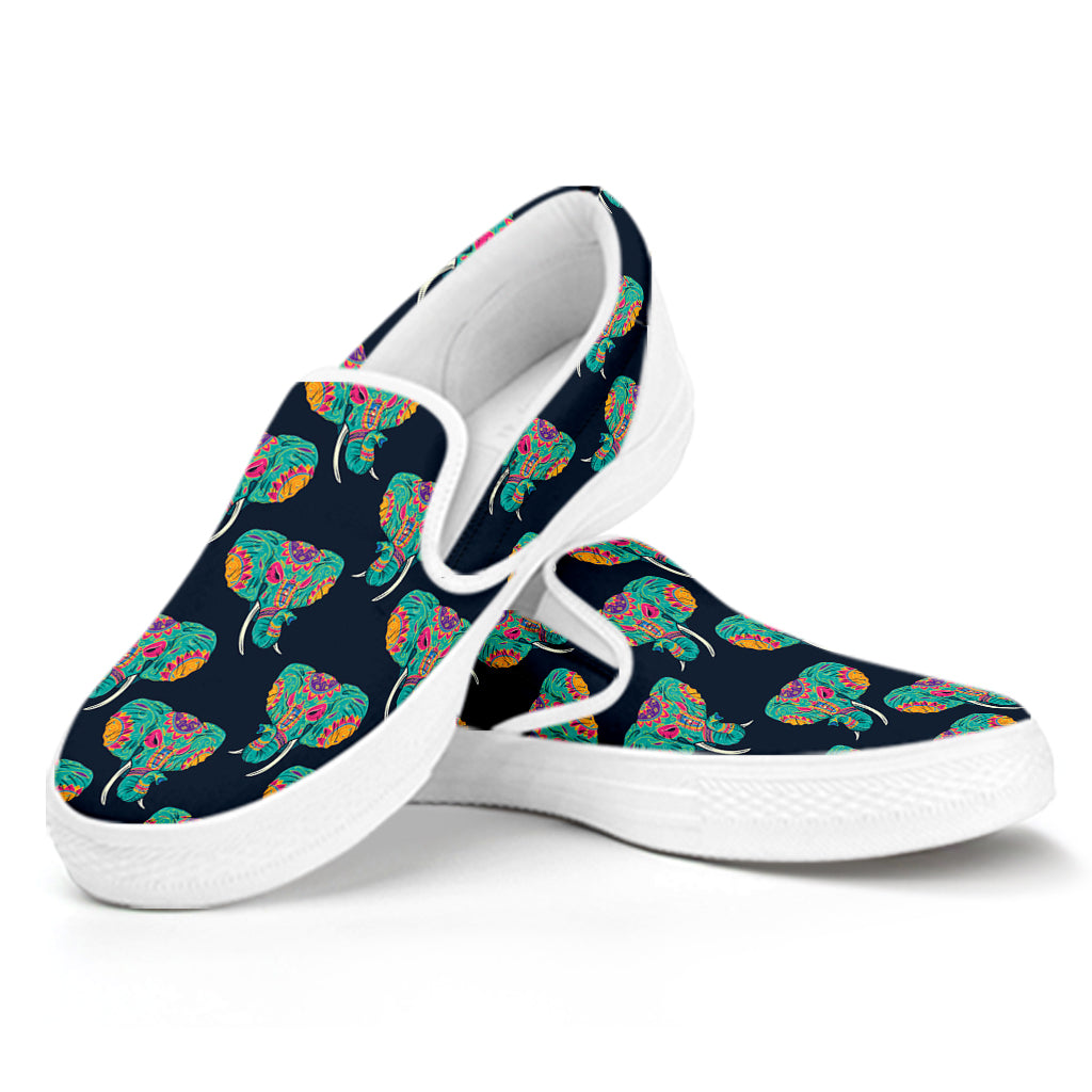 Indian Tribal Elephant Pattern Print White Slip On Shoes