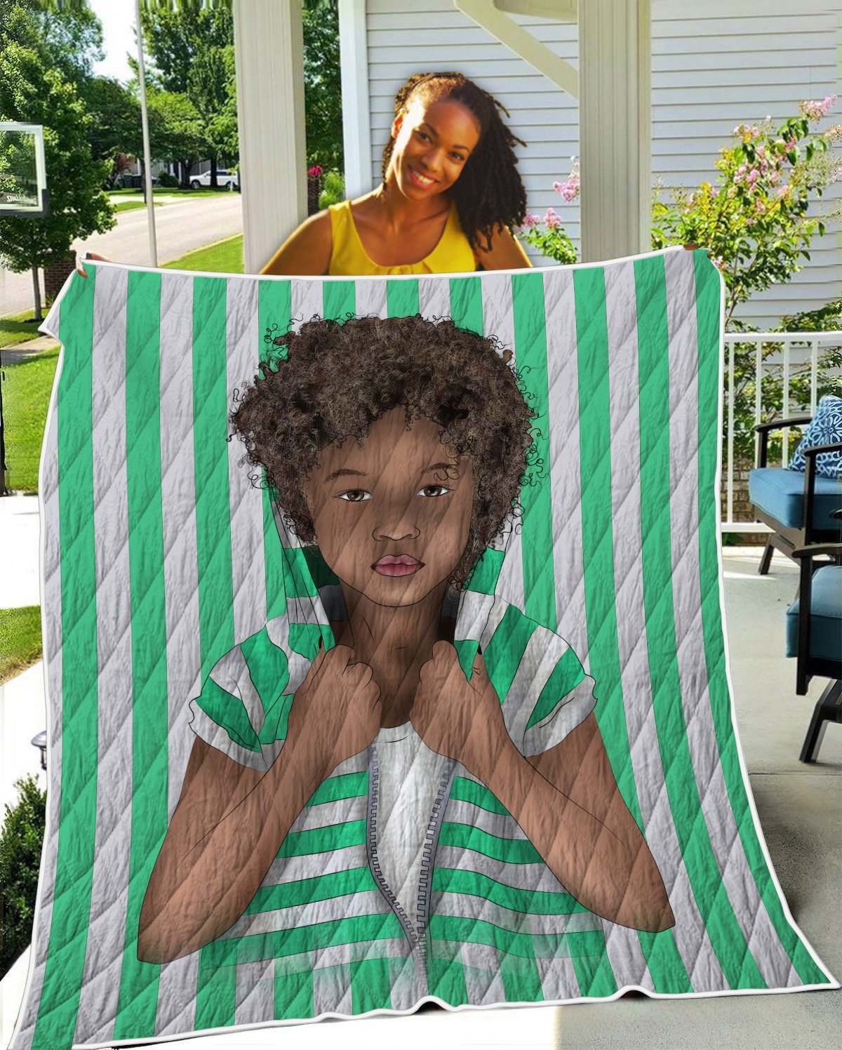 Africa Kid Art Quilt Blanket – African Curly Hair Kid Vintage Green White Quilt Blanket