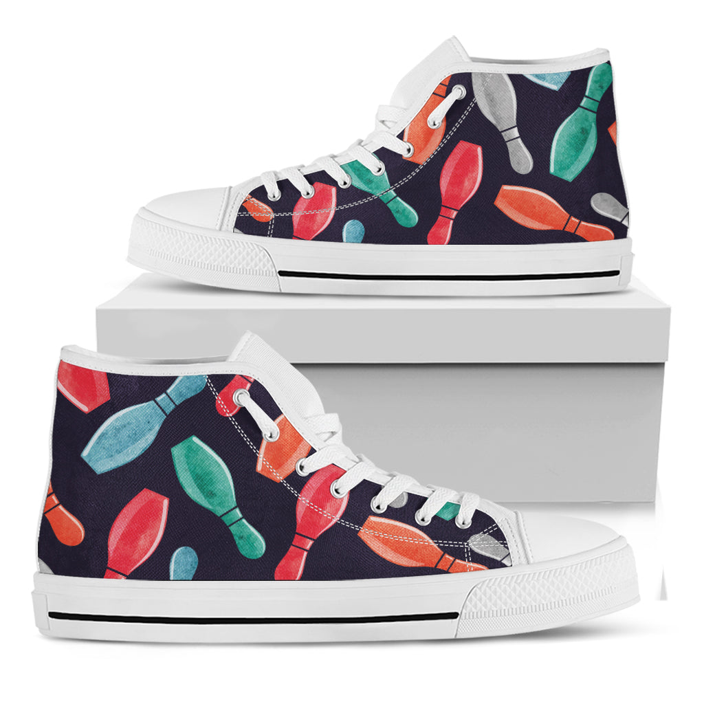 Watercolor Bowling Pins Pattern Print White High Top Shoes