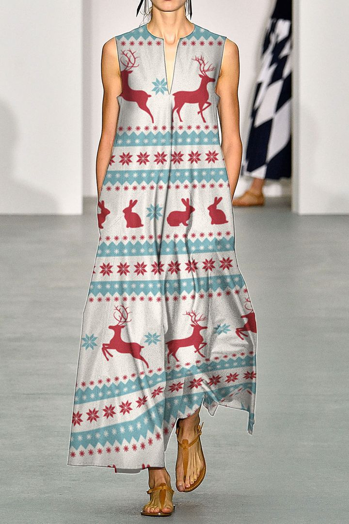 Christmas Ornament Deer Rabbits Beige V Neck Maxi Dress