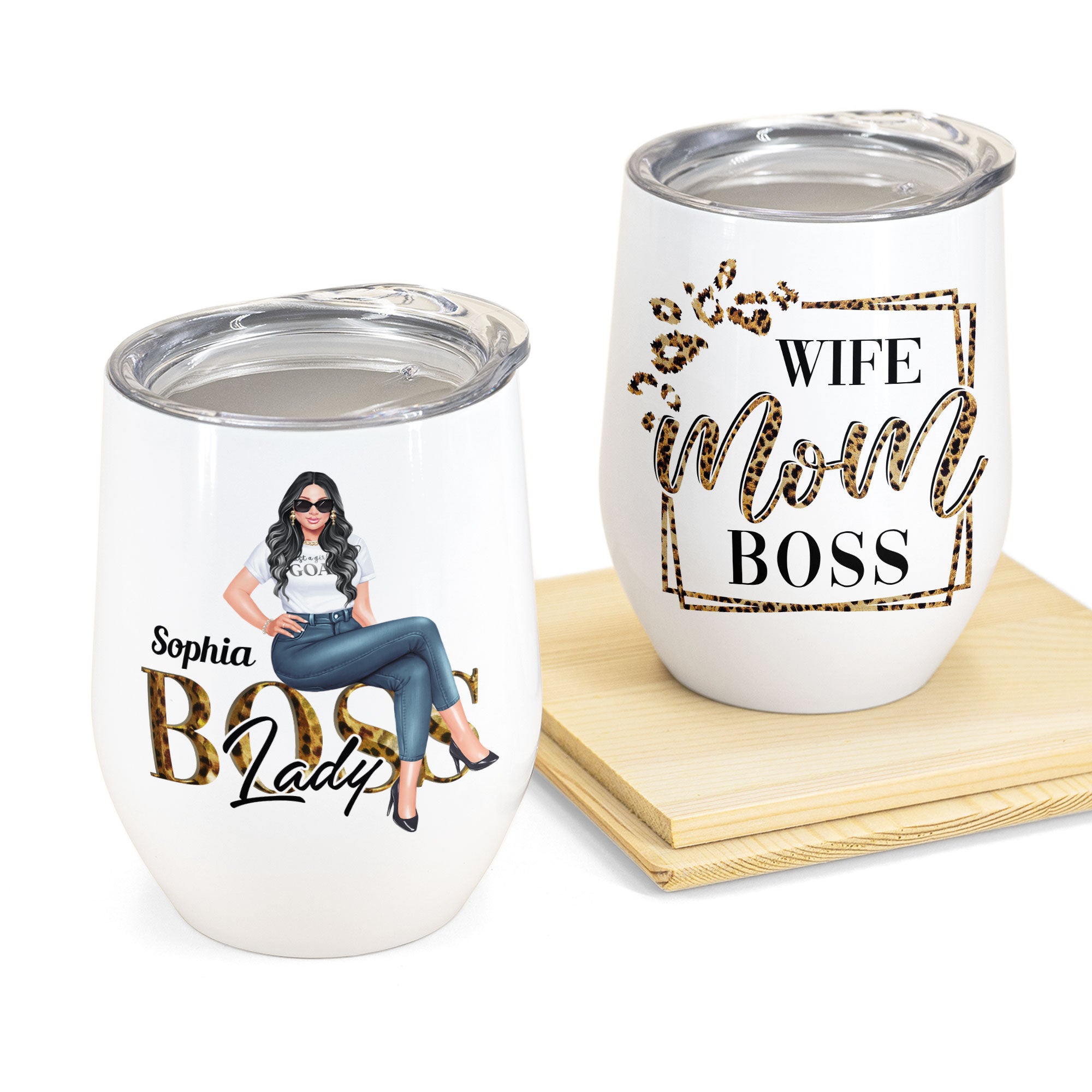 Wife Mom Boss Lady – Personalized Wine Tumbler – Birthday Gift For Mom, Boss, Wife – Leopard Design